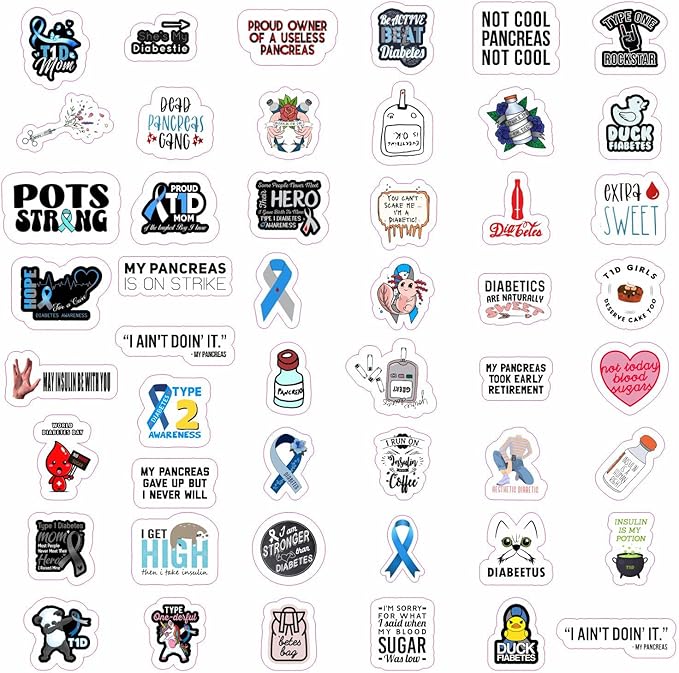BulbaCraft 100Pcs Funny Diabetes Stickers for Water Bottle & Laptop - Gifts for Diabetics, Diabetes Awareness Month, Waterproof Vinyl Decals, Gifts for Women & Men