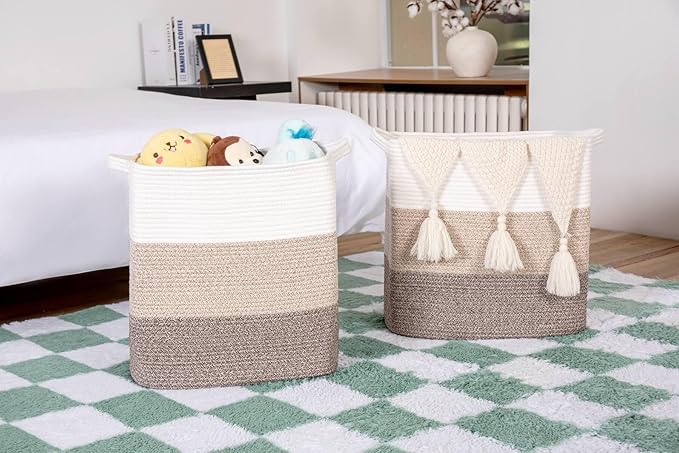laughbird Storage Baskets for Clothes Fabric Cotton Rope Storage Basket with Handles, Decorative Woven Basket for Living Room, Closet Organizer Blankets, and 2 bags (Gradient Brown, L14×W11×H14)