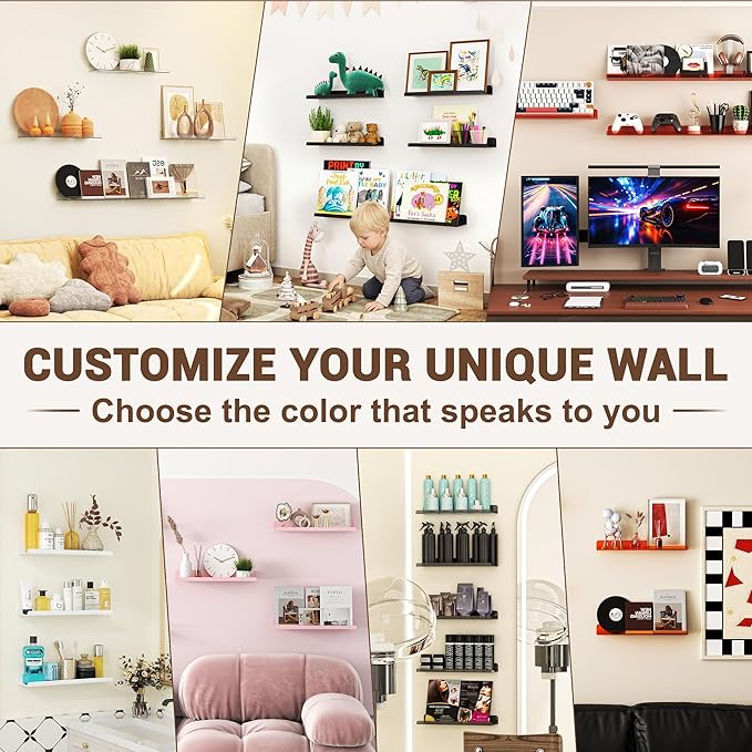 Qukaka Floating Shelves for Wall Decor, 15" Extra Clear Wall Shelves for Bedroom, Living Room, Kitchen, Bathroom Decor, Nail Polish/Book/Decoration/Makeup/Perfume Organizer Floating Shelf-4Pack