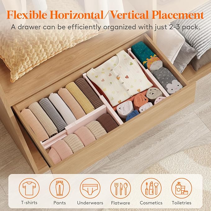 Lifewit 5 Pack Drawer Dividers 4" High, 11-17" Adjustable Dresser Drawer Organizers for Clothes, Expandable Dresser Separators in Bedroom/Bathroom/Kitchen/Vanity/Office Organization and Storage, Pink
