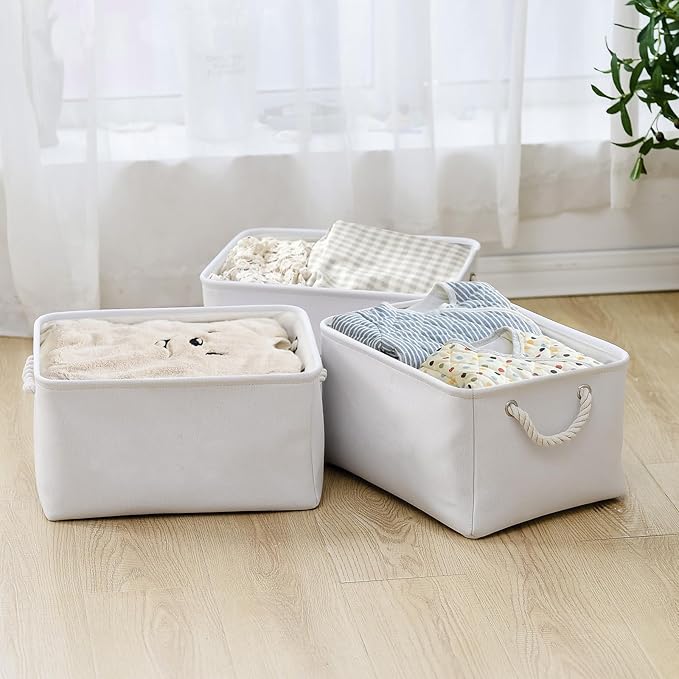 TheWarmHome Storage Basket for Gifts Empty - Large 3 Pack 15.7x11.8x8.2 inch Storage Basket for Organizing with Handles, Canvas Storage Bins for Organizer Closet Toy Cubes Gift (White)