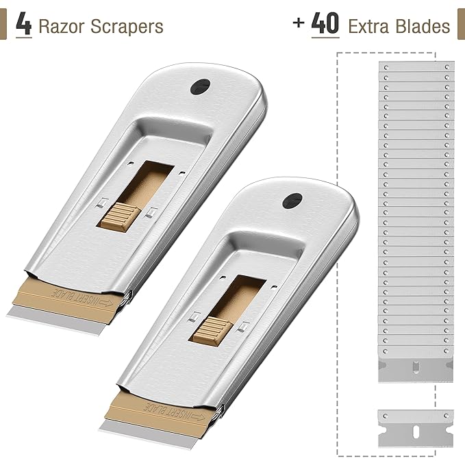 Bates- Metal Razor Blade Scraper Tool, 4 Pack, 40 Extra Carbon Steel Blades, Stainless Steel Heavy-Duty Cleaning Razor Scraper Tool