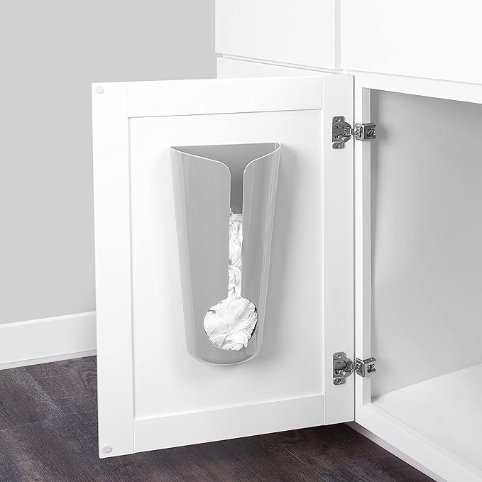 Spectrum Grocery Bag Holder for Plastic Bags Light Gray, Wall Mount Plastic Grocery Bag Dispenser Organizer for Cabinet Door Kitchen Storage, Under Sink Grocery Trash Recycle Bag Organization