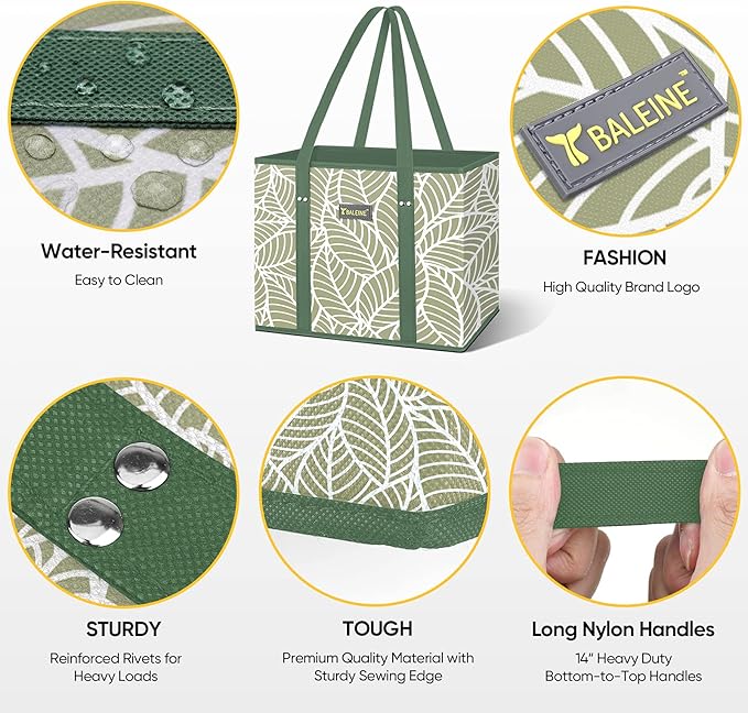 BALEINE 1-Pack Reusable Grocery Bags, Foldable Shopping Bags for Groceries with Reinforced Bottom & Handles (Antique Foliage)
