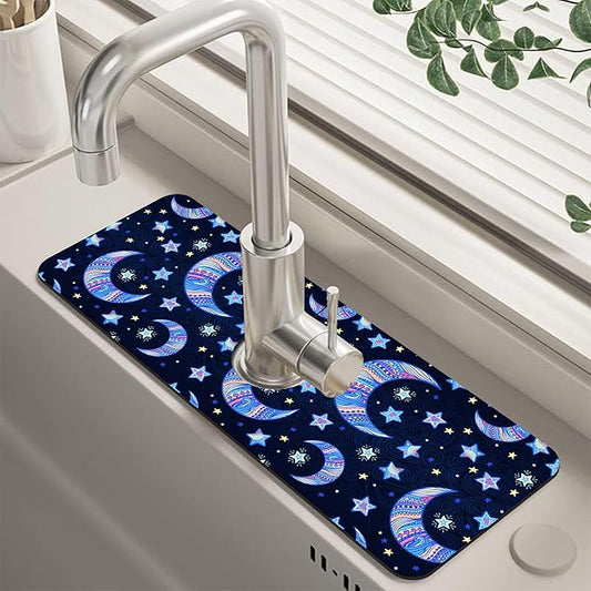 Kitchen Sink Splash Guard Faucet Mat Super Absorbent Fast Drying Mat Guard Behind Faucet Drip Catcher for Kitchen Bathroom (Blue Stars Crescent Moon, 23.5"X5.5")