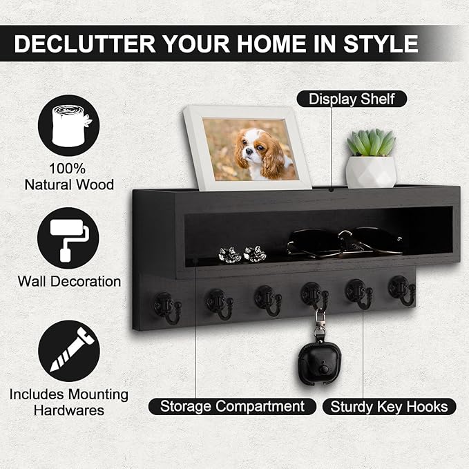 Key and Mail Holder Wall Mount, Key Hanger with Long Storage Box and 6 Hooks for Coat, Dog Leash, Home Decor Rack, House Accessories, Entry Way Organizer (Black)