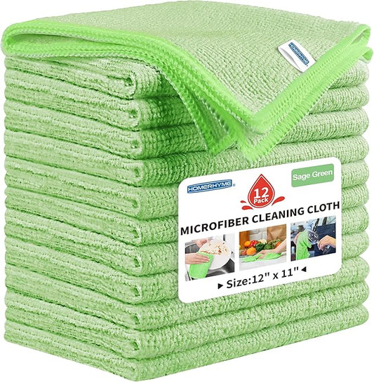 HOMERHYME Microfiber Cleaning Cloth, 12 Pack Green Cleaning Rags,12" X 11" Lint Free Dish Towels Wash Cloths, Reusable Microfiber Towels for Home and Kitchen Bathroom Apartment Cleaning Supplies