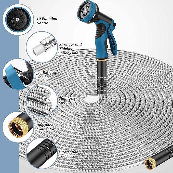 Garden Hose 100ft, Metal Water Hose, Kink-Free, Flexible Stainless Steel Hose, Heavy Duty Abrasion Resistant Leakproof Hose with 10-Function Spray Nozzle for Yard, Lawn, Outdoor, Marine and Camper