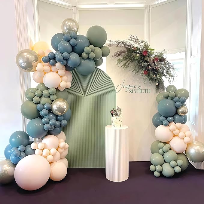 Dusty Sage Green Blue Gold Balloon Garland Kit, 107 PCS Pastel Olive Green Slate Blue Beige Metallic Gold Balloon Arch Kit for Women Men Boho Birthday Wedding Baby Bridal Shower Party Decorations