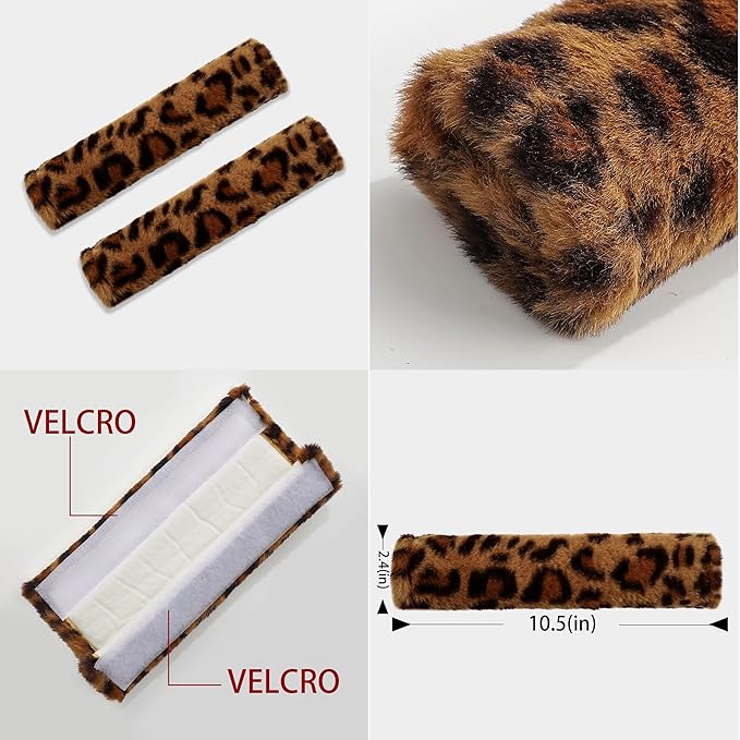 Amooca Soft Faux Fur Universal Fit Seatbelt Cover Car Truck SUV Airplane Seat Belt Shoulder Pad for Carmera Backpack Straps Neck Cushion Protector 2 Pack 10.5in Brown Leopard