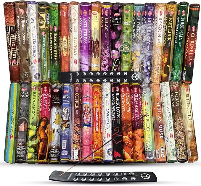Hem Incense Sticks Variety Pack of 12 Randomly Selected Hexa Fragrances and Incense Stick Holder Bundle Total 240 Sticks