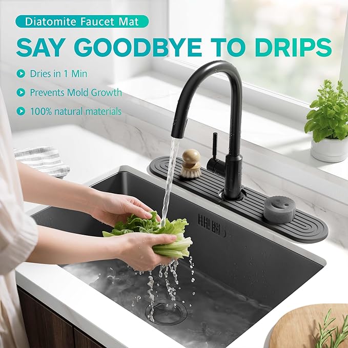 Stone Faucet Mat for Kitchen Sink – Diatomite Fast-Drying Stone Tray, Faucet Mat Sink Splash Guard, Decorative Sink Protector for Kitchen Bathroom Counter (Dark Grey, 20''x3.9'')