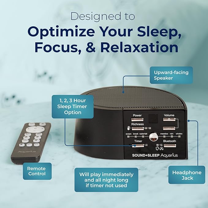 Adaptive Sound Technologies Sound + Sleep Aquarius Aquatic Noise Machine - White Noise Machine - Non-Looping Water Sounds for Sleep & Relaxation - with Timer & Headphone Jack - Black