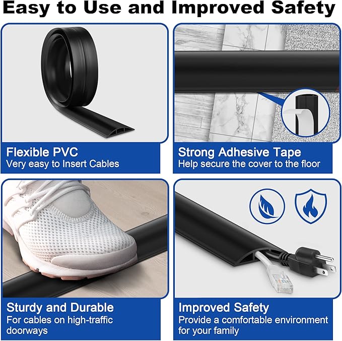 LZEOY Floor Cord Cover - 6FT, Grey, Single Cord Protector - Wire Cover Cavity: 0.47" (W) x 0.24" (H)