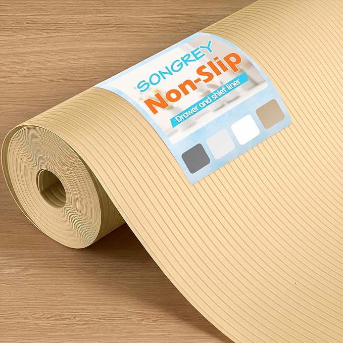 Songrey Non-Adhesive Shelf Liner, 12IN x 20FT Waterproof Cabinet & Drawer Liner, EVA Material Non-Slip Mat for Kitchen Cupboard, Refrigerator, Easy to Cut, Washable, Beige