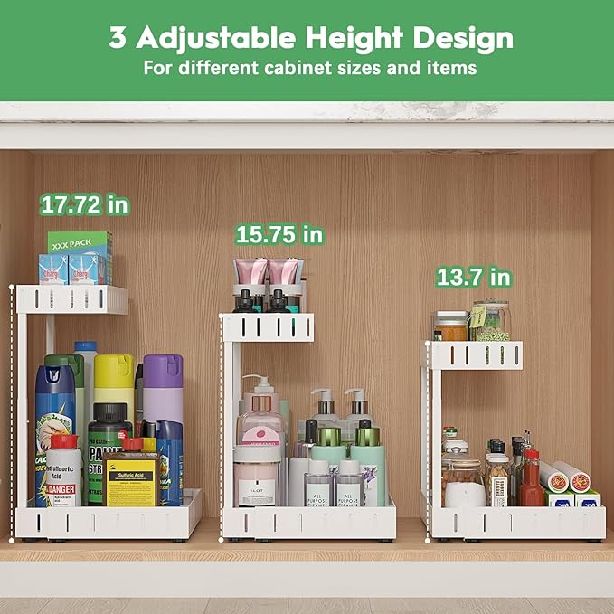 REALINN Under Sink Organizer, 2 Tier Expandable Under Cabinet Organizer, Height Adjustable Pull Out Storage for Kitchen Bathroom Laundry, White, 2 Pack
