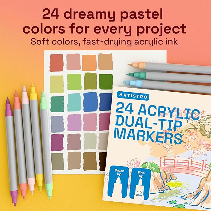 ARTISTRO 24 Pastel Acrylic Paint Markers - Paint Pens for Drawing, Brush + Fine Tips - For Fabric, Rock, Glass, Wood, DIY - Art & Craft Supplies for Adults, Teens, Kids - Teacher Appreciation Gift
