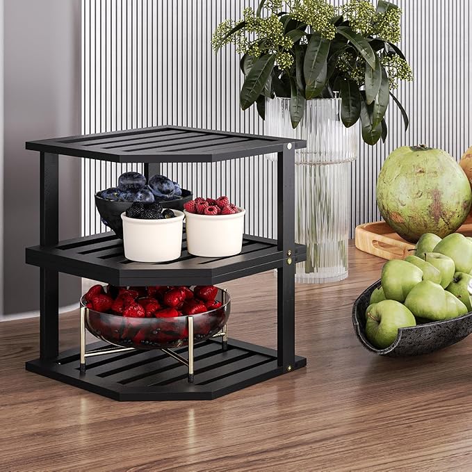 Bamboo Corner Shelf(2 Pack),2 Tier Plate Organizer for Cabinet and Countertop,Pantry Dish and Spice Rack for Kitchen(Black)