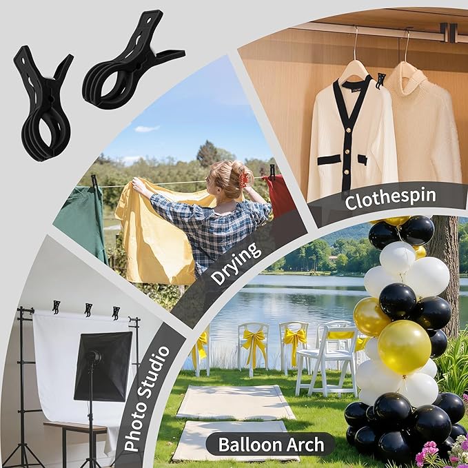 PUGPIU 30 Pack Plastic Black Balloon Arch Clips for Backdrop | 3.5 Inch Heavy-Duty Spring Clamps for Birthday Decor | Crafts | Photo Studios