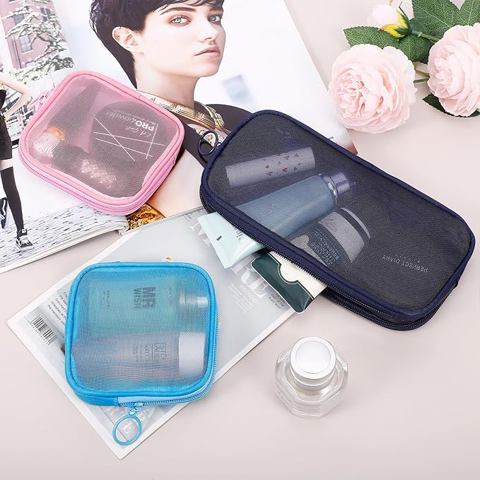 4 Pieces Mini Zipper Nylon Mesh Pouch, Mesh Cosmetic Bags Makeup Bags, Multipurpose Travel Toiletry Bags for Office Supplies and Travel Accessories (Multicolored, M)