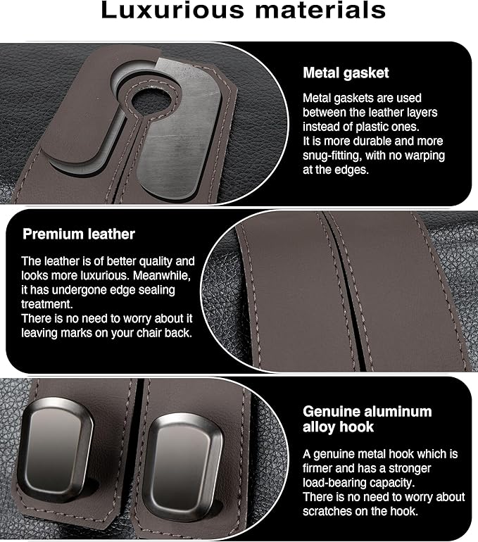 VETERBONE Car Hooks for Purses, 4PCS Car Purse Holder Hook Luxurious Leather 100% Metal Car Hooks for Headrest Multifunctional Car Hangers for Seat Car Seat Back Storage Hook Accessories (Brown)