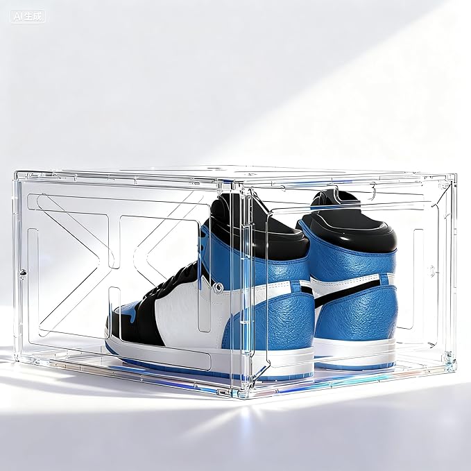 1 Pack Large Clear Shoe Box for Men’s Size 13 Sneakers, Stackable Drop-Front with Magnetic Door, BPA-Free Plastic Display Organizer, 13.5” x 10.55” x 7.5” – Transparent