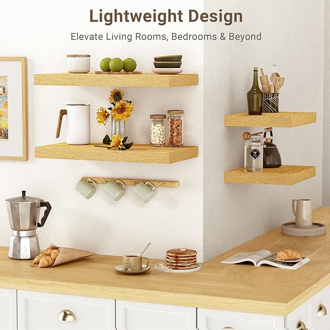Vivelove 10" Deep Floating Shelves Over Toilet, 24" Wall Shelves for Bathroom Bedroom Kitchen Living Room Laundry Room, Modern Rustic Shelves for Home Decor, 24"x10.2"x1.5", Set of 2, Oak