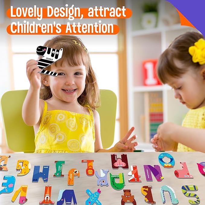 Magnetic Uppercase Letters, 26 Pieces Letter Magnets Educational Learning Tool Alphabet and Animal Recognition for Kids Toddlers 3 4 5 Years Old