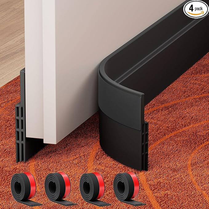 GroTheory 4 Pack Door Draft Stopper, Under Door Sweep for Exterior & Interior Doors, Weather Stripping Door Seal, Garage Window Blocker Noise Cold Air Insulation, Draft Guard Black 2" W x 39" L