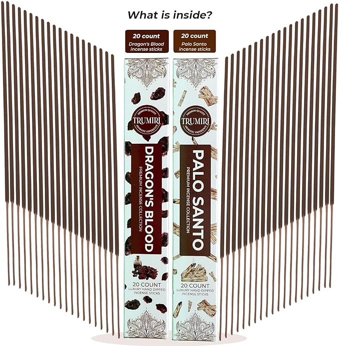 Trumiri Incense Sticks - Combo Pack of 40 Insence-Sticks - 20 Dragons Blood + 20 Palo Santo - Insenses - Insents - Incents - Inscense - Incence - Incienso - All Natural Incense Sticks