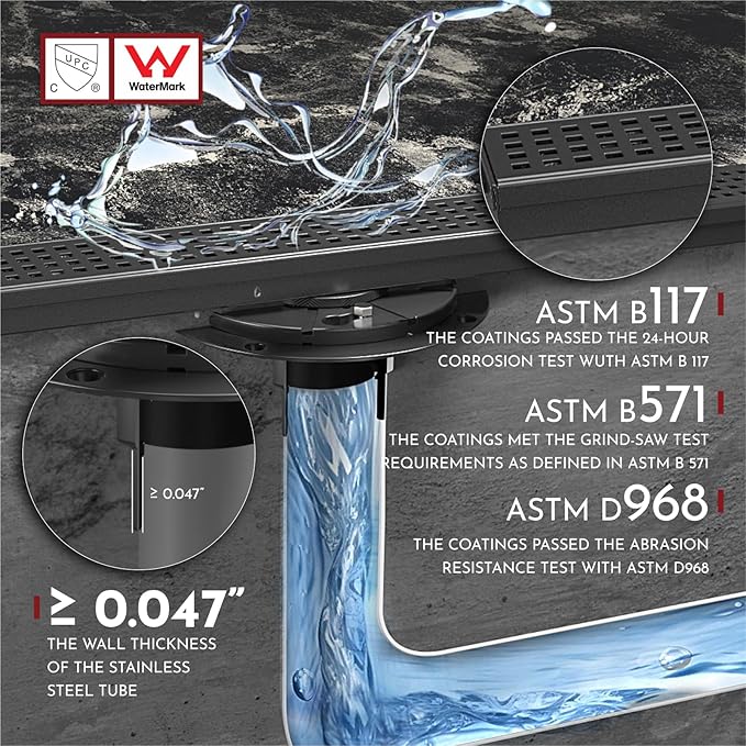 WEBANG 72 Inch Linear Shower Drain Rectangular Floor Drain with Accessories Square Hole Pattern Cover Grate Removable SUS304 Stainless Steel CUPC Certified Matte Black