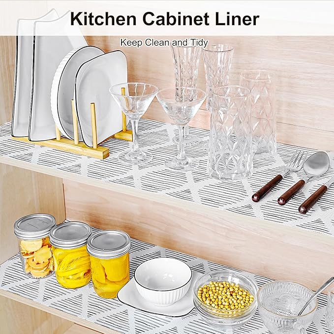 Shelf and Drawer Liners for Kitchen Cabinet,Non-Adhesive Cabinet Liners 12in x 10FT,Waterproof Shelf Paper Non-Slip Mats Cupboard Liner Contact Protect Dresser/Shelves/Table-Square Stripes