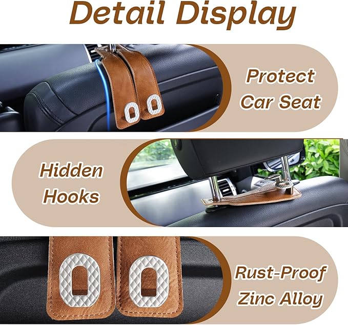 Car Headrest Hooks Universal Car Purse Hook Premium Leather and Alloy Twin Hook Car Seat Back Storage Hanger Hook for Purse Bags Cloth Drink Durable Holder Car Accessories (BH09-Brown-Silver-4 Pcs)