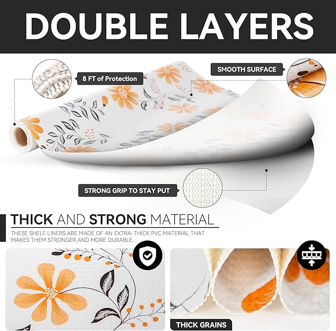 RAY STAR Shelf Liner, Non-Adhesive Daisy Floral Printed Cabinet Liner for Pantry Drawer, Strong Grip Non-Slip Waterproof, Shelf Liners for Kitchen Cabinets Organization 18 Inch x 8 FT (2 Rolls)