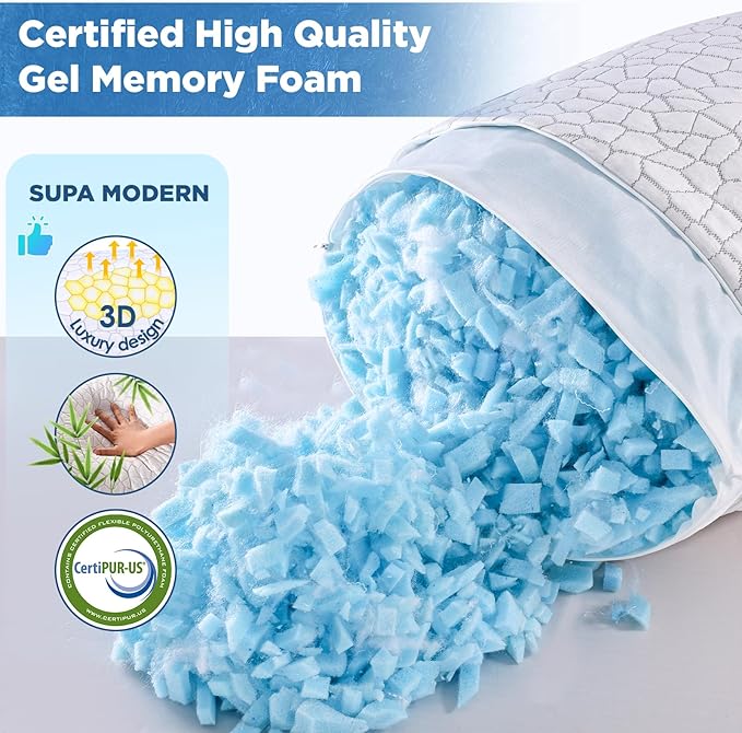 SUPA MODERN Cooling Bed Pillows for Sleeping 1 Pack Shredded Memory Foam Pillows Adjustable Cool Pillow for Side Back Stomach Sleepers Luxury Gel Pillows King Size with Washable Removable Cover
