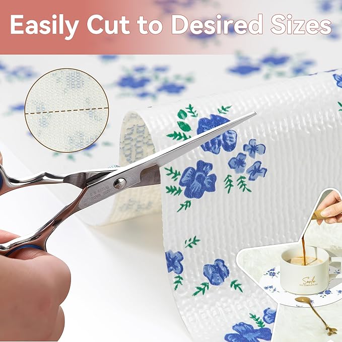 RAY STAR Shelf Liner, Non-Adhesive Blue Floral Kitchen Cabinet Liner for Pantry Drawer Vanity, Strong Grip Non-Slip, Shelf Liners for Cupboard 18 Inch x 8 FT (6 Rolls) Signature Delivery