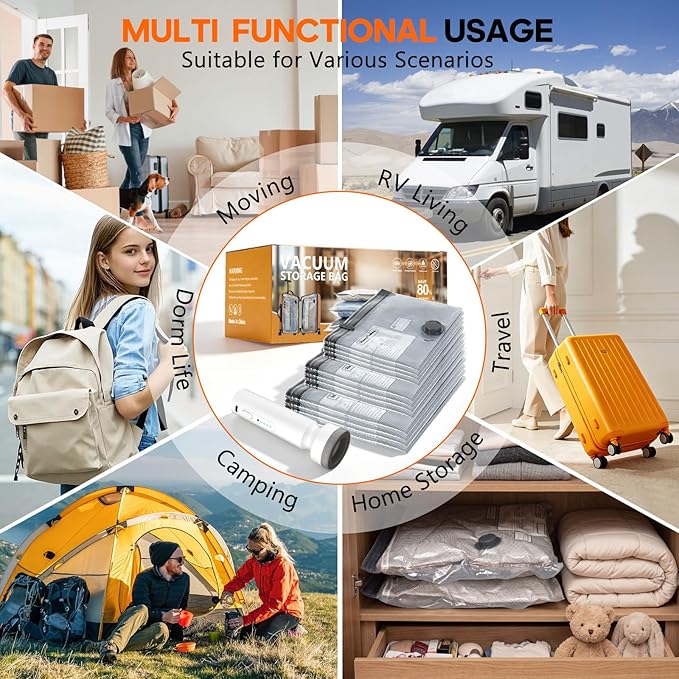 12 Pack Vacuum Storage Bags with Pump, Space Saver Travel Bags with Rechargeable Wireless Pump, Reusable Tear-Proof Compression Packing Cubes for Heavy Clothes/Bedding/Luggage/Moving 12 Combo Size