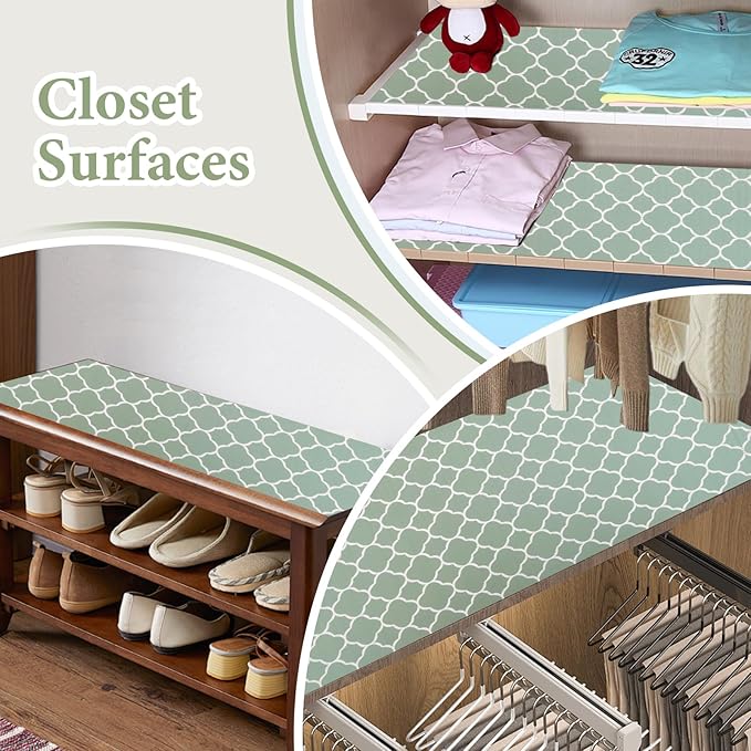Shelf Liners for Kitchen Cabinets Non Adhesive Drawer Liner 12in x 20FT Light Green Quatrefoil Thickened Shelf Liner Strong Non-Slip Easy to Clean for Tool Box Refrigerator with Knife and Tape Measure