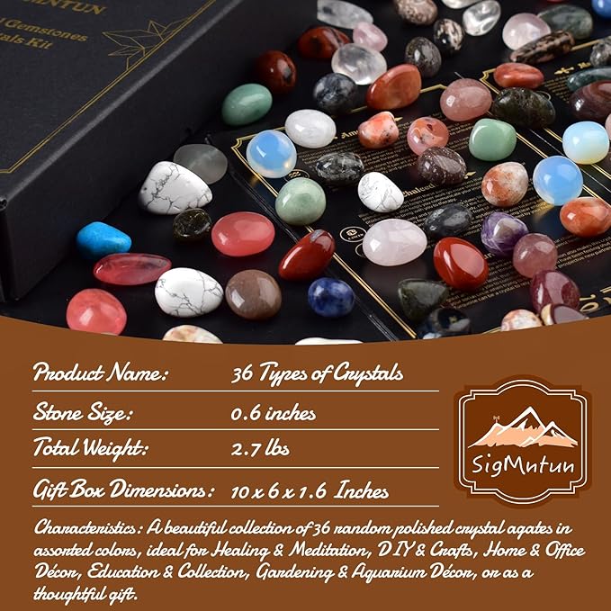 Polished Healing Crystal Stones Set – 36 Different Natural Gemstone Types, 2.5 lbs of 0.6" Tumbled Decorative Rocks Collection for Chakra, Meditation, Reiki, Energy Work, Crafts, Gifts