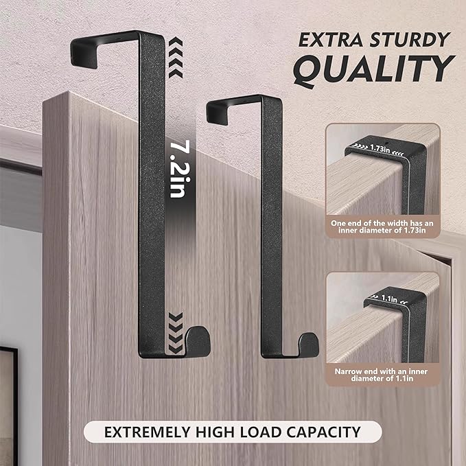 OUYIALY Over The Door Hooks, 2-Pack Heavy Duty Towel Rack Hanger for Bathroom, Bedroom, Dorm Room, Fixed Door Hooks for Hanging Robe, Coat, Towel, Organizer (Black)