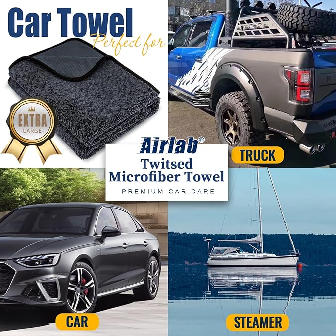 Airlab Microfiber Towels for Car Washing and Drying, Super Absorbent, Cleaning Cloth for Auto Detailing, Ultra Soft, Lint-Free, Streak-Free, 24 x 16 Inch, Pack of 2, Grey-Black, 600 GSM