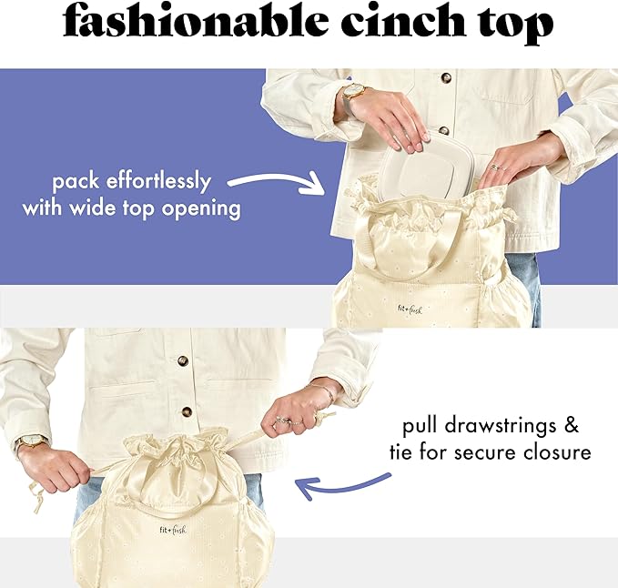 Fit & Fresh Cromwell Drawstring Lunch Bag for Women, Complete Lunch Set with 2 Containers, Stain-Resistant, Leak-Resistant, Back to School Essential, Teacher Lunchbox, Ivory Daisies