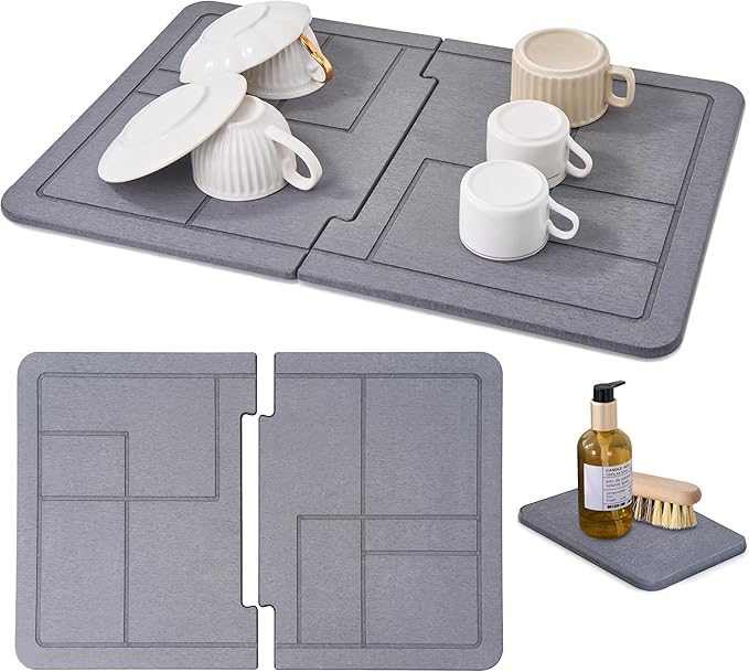 Large Stone Dish Drying Mat for Kitchen Counter, 2PCS Stone Drying Mat for Kitchen Counter, Detachable Water Absorbing Diatomaceous Earth Drying Pad for Bottles Dish Cups(Dark Gray 24"×16" & 8"x5")