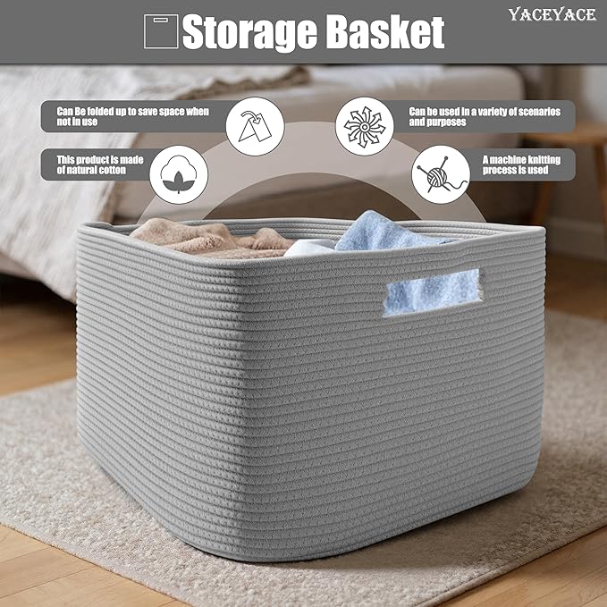 YACEYACE Fabric Bins Cube, 3 Pack Storage Cubes Organizer for Toy, Closet, Foldable Baskets for Shelves, Rope Baskets with Handles, 15''Lx10''Wx9''H