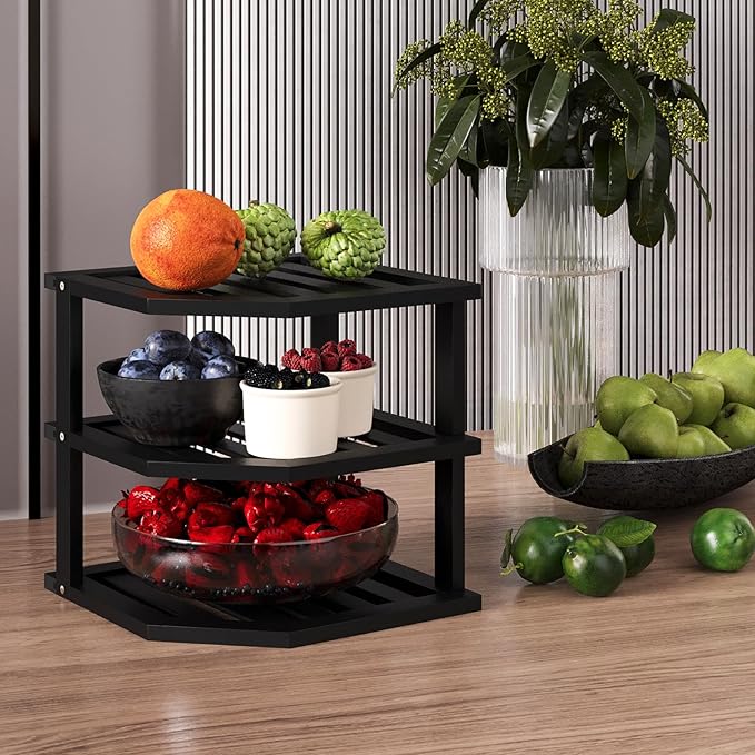 VERTORGAN 3 Tier Bamboo Corner Shelf (4 Pack), Dish Drying Rack, Plate Organizer, Kitchen Spice Rack for Countertop and Cabinet (Black)