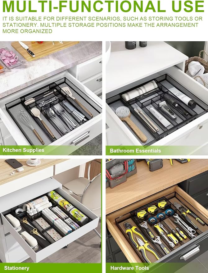 Sedegn Silverware Organizer Metal Mesh, Large Drawer Organizer, Utensil Cutlery Tray for kitchen drawers, Expandable Flatware Organizer with 8 Compartment Black 11.6"~20" x 17.3"