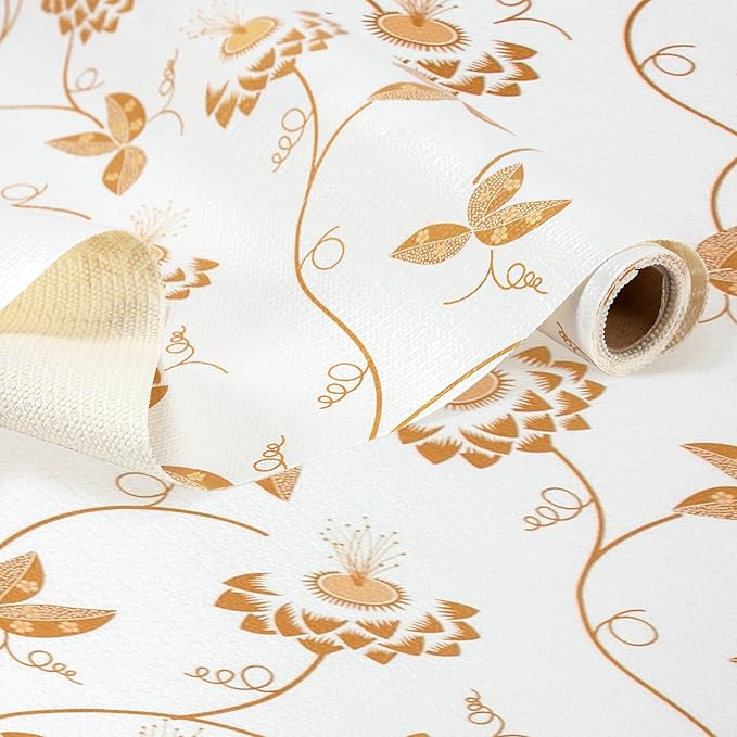 RAY STAR Shelf Liner, Non Adhesive Golden Leaves Floral Kitchen Cabinet Liner for Pantry Drawer Vanity, Strong Grip Non Slip, Shelf Liners for Kitchen Cabinets Cupboard 18 Inch x 8 FT (2 Rolls)