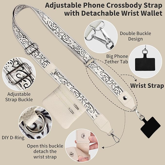 PUGPIU 2 Pack Clip and Go Strap for Phone with Wallet Crossbody - Phone Strap Crossbody with Zippered Pouch, Multifuctional Adjustable Cell Phone Lanyard for Going out