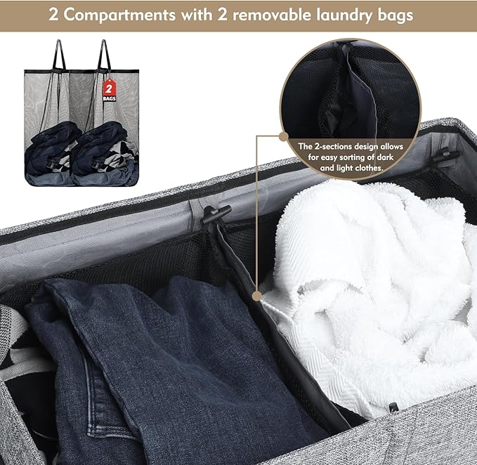 DOKEHOM 150L Double Laundry Basket with Lid and Removable Laundry Bags, Large Collapsible Laundry Hamper with 2 Sections for Bedroom, Bathroom, Laundry Room, College (Grey)