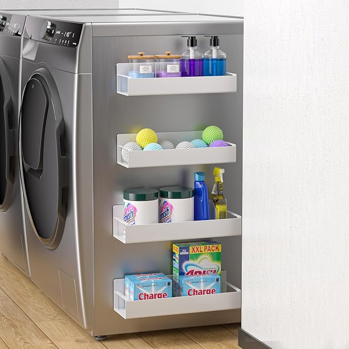 4 Pack Magnetic Laundry Organizer, Heavy Duty Magnetic Shelf For Washer And Dryer, White, Iron